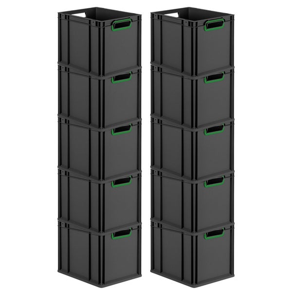 PROREGAL SparSet 10x Eurobox NextGen Color, HxBxT 32x30x40cm, 30 Liter, Griffe grün offen, Schwarz, Eurobehälter, Transportbox, Transportbehälter, Stapelbehälter