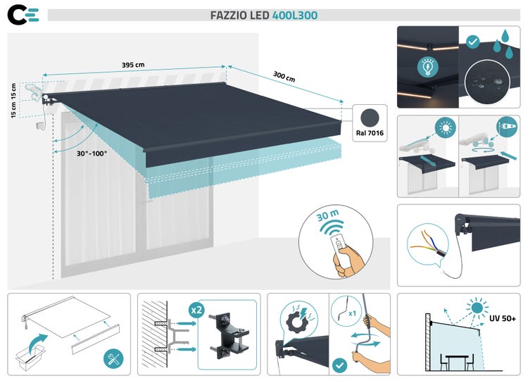 Fazzio LED Kassettenmarkise 395 x 300 cm mit den Maßen und Eigenschaften