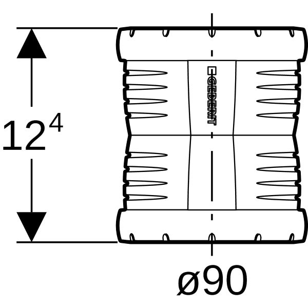 Maßzeichnung einer Muffe mit Geberit Logo, Durchmesser 90 Millimeter und Höhe 12,4 Zentimeter.