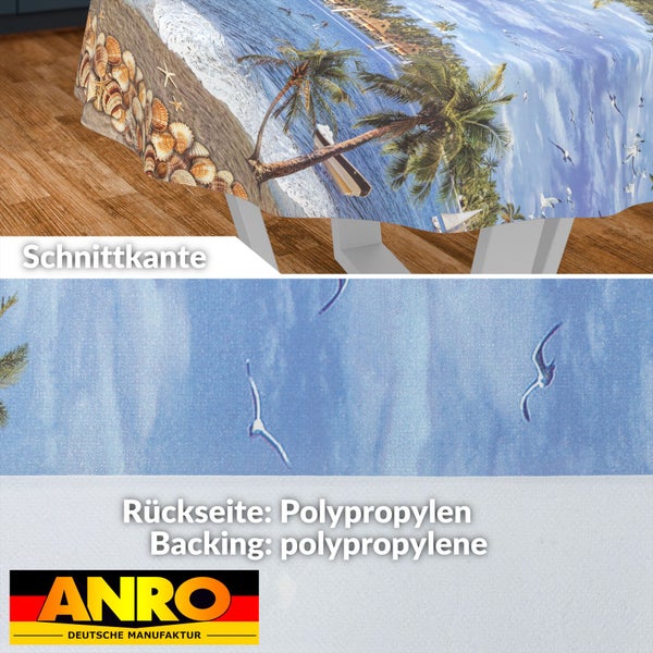 Wachstischdecke mit Strandmotiv, Palmen und Muscheln, Rückseite aus Polypropylen, mit Schnittkante, ANRO Deutsche Manufaktur Logo.