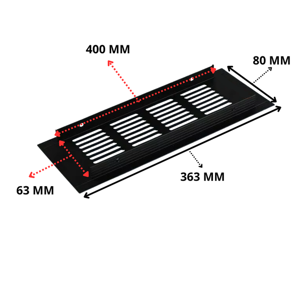 Rechteckiger Lüftungsgitter aus Metall mit den Maßen 400 mm x 80 mm und 363 mm x 63 mm.