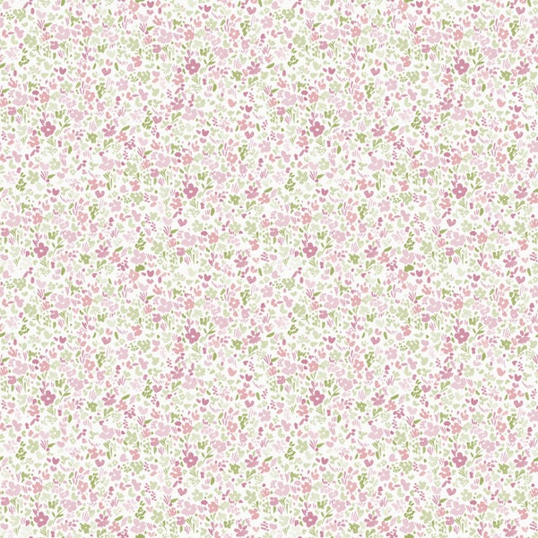 Tapete mit feinem rosa-grünem Blumenmuster im Millefleurs-Stil.