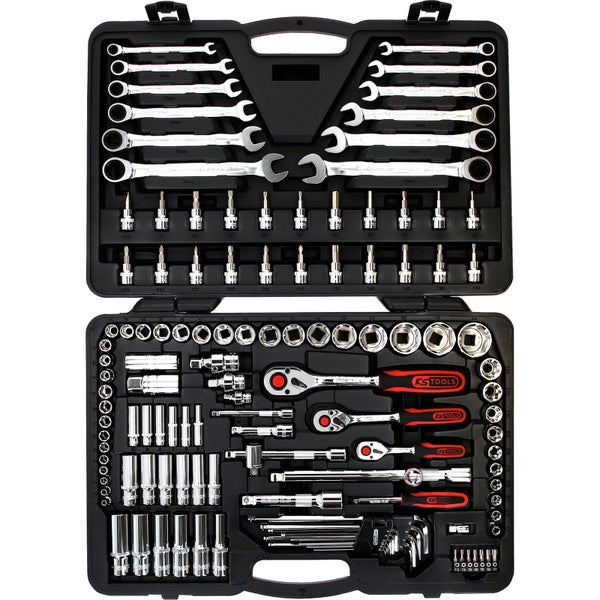 Geöffneter Werkzeugkoffer mit Schraubenschlüsseln, Steckschlüsseln, Bits und Ratschen von KS Tools