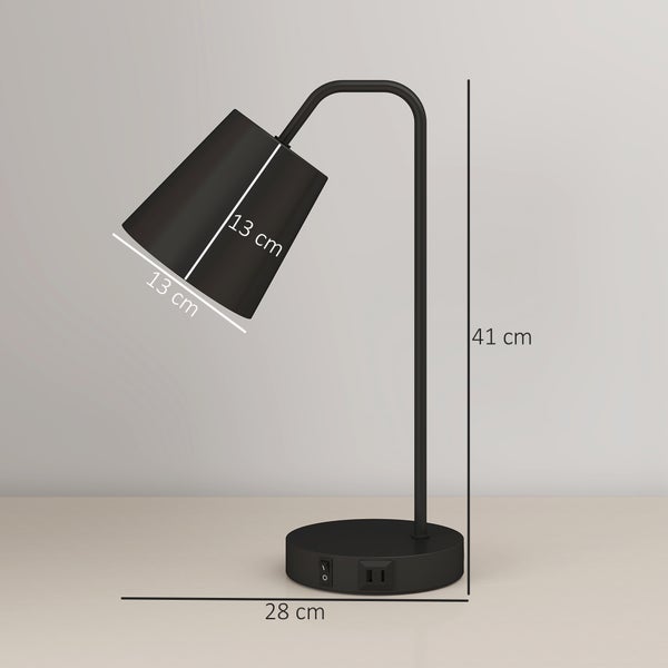 Schwarze Schreibtischlampe mit USB Anschluss, Höhe 41 Zentimeter, Schirm 13 mal 13 Zentimeter, Basisbreite 28 Zentimeter.
