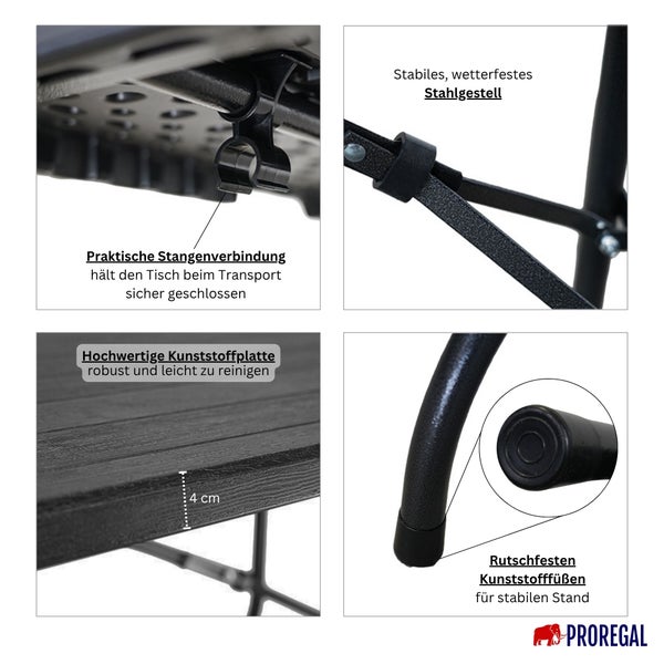 Details zu Gestell, Stangenverbindung, Tischplatte und Füßen eines Tisches