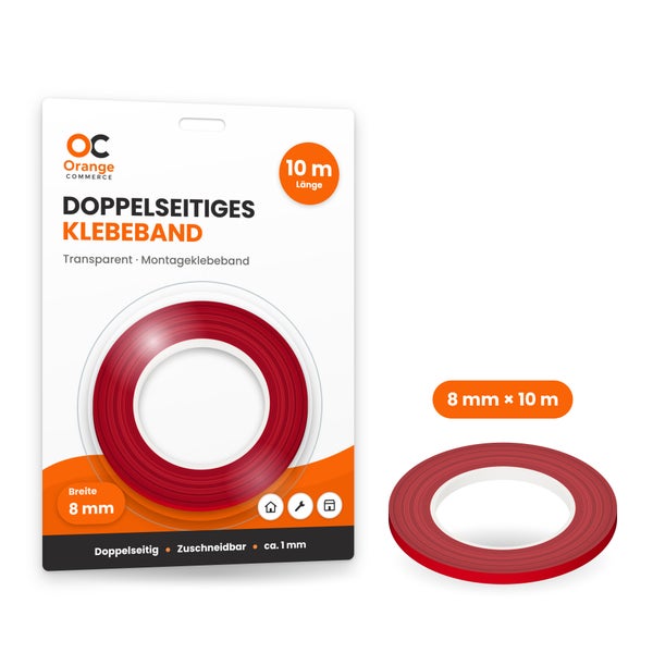 Orange Commerce doppelseitiges Montageklebeband transparent 8 mm breit und 10 Meter lang in Verpackung