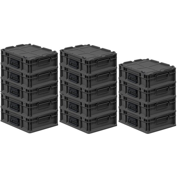 Drei Stapel grauer Lagerkisten aus Kunststoff