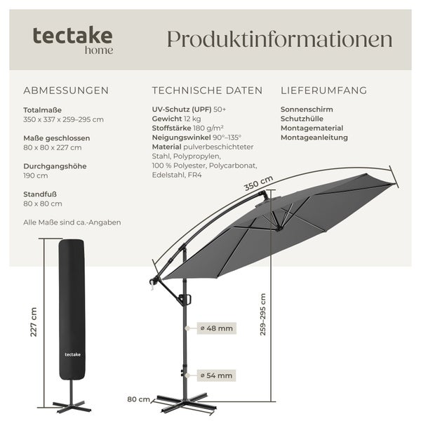 tectake home Logo und Infografik zum Ampelschirm: Maße circa 350 mal 337 mal 295 Zentimeter, UV-Schutz 50 plus, technische Daten und Lieferumfang.
