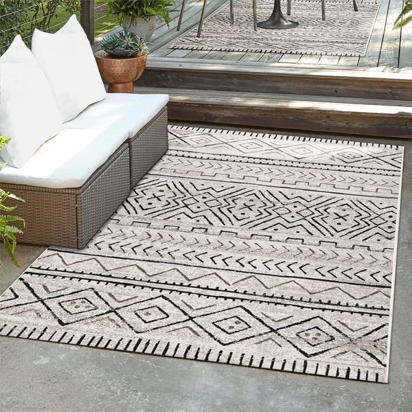 FLOORDIREKT Outdoorteppich - Wetterbeständiger Außenteppich - Aztec - Grau - 80 x 150 cm