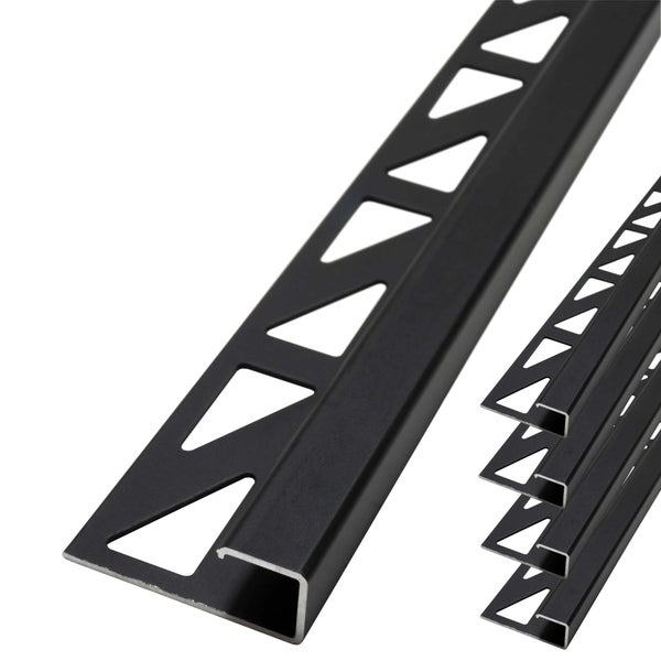 Quadratisches Fliesenprofil aus Aluminium in Schwarz matt mit gestanztem Schenkel.