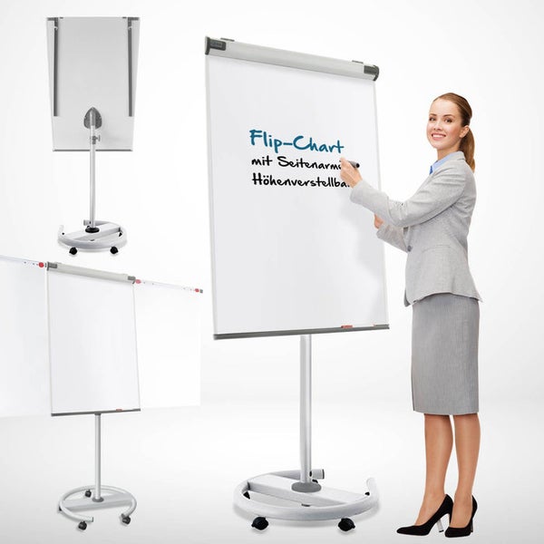 Mobiles, höhenverstellbares Flipchart mit Seitenarmen und Rollfuß, Abbildung mit schreibender Person und Rückansicht.
