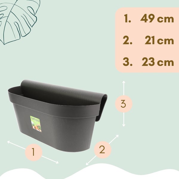 Abbildung eines Balkonkastens mit Maßangaben 49 cm Breite, 21 cm Tiefe und 23 cm Höhe