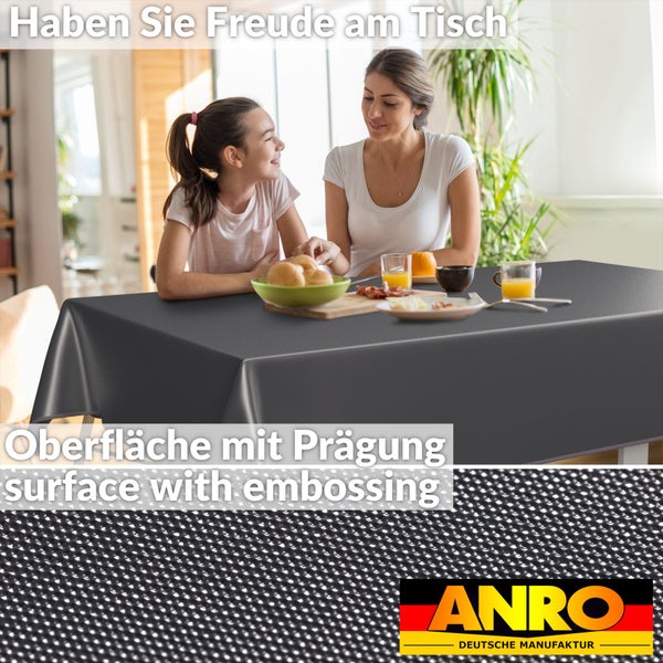 Szene mit einem Esstisch mit grauer Tischdecke, Speisen und Getränken sowie dem Anro Logo. Die Tischdecke hat eine geprägte Oberfläche.