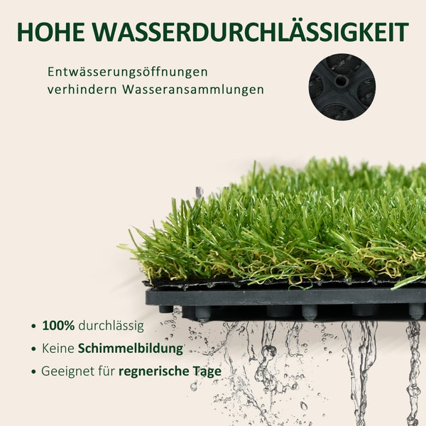Outsunny Kunstrasen, 10 Stücke Rasenteppich für Balkon, Garten, 30 x 30 cm, Kunststoff, Dunkelgrün
