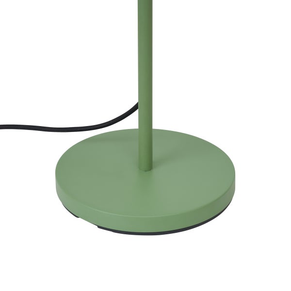 Grüner Lampenfuß mit rundem Metallsockel und schlankem Stab inklusive schwarzem Stromkabel.