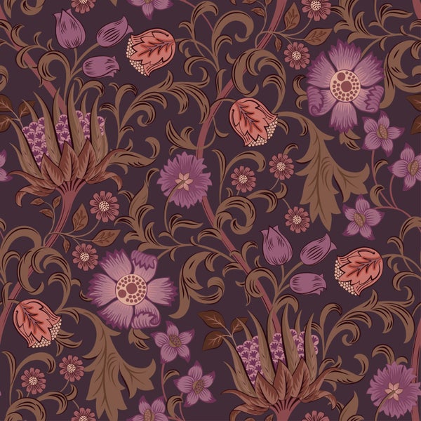 Tapete mit floralem Muster aus großen Blüten, Blättern und geschwungenen Ranken im Vintage-Stil.
