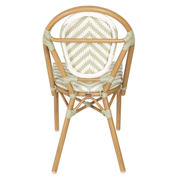 Rückansicht eines Bistro-Stuhls mit Aluminiumgestell in Holzoptik und grün-weißem Geflecht aus Polyrattan mit Chevron-Muster.