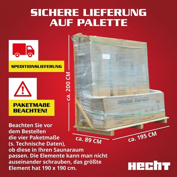Sichere Lieferung auf Palette. Maße circa 200 Zentimeter Höhe, 195 Zentimeter Breite, 89 Zentimeter Tiefe. Hecht Logo. Speditionslieferung.