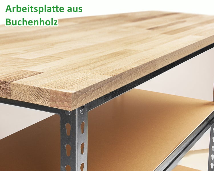 Ondis24 Werkbank Uwe 120cm Metallregal & Werktisch 92cm Buche, Werkstatteinrichtung, Werkbank