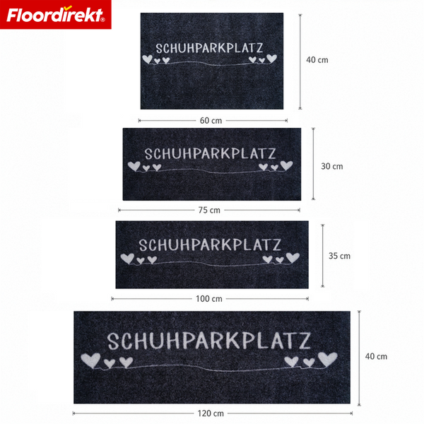 Fußmatte Schuhparkplatz mit Herz Motiv in verschiedenen Größen mit Floordirekt Logo.