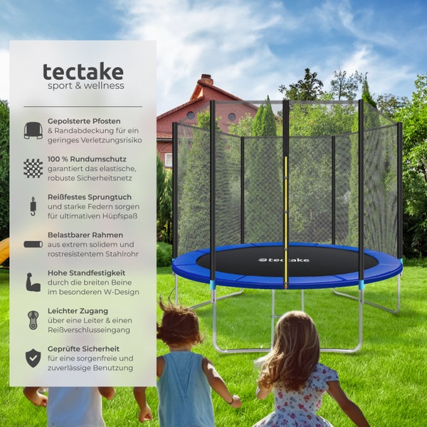 Blaues Tectake Trampolin mit Sicherheitsnetz im Garten