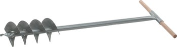 Manueller Erdbohrer aus Metall mit spiralförmigem Bohrkopf und T-Griff aus Holz.