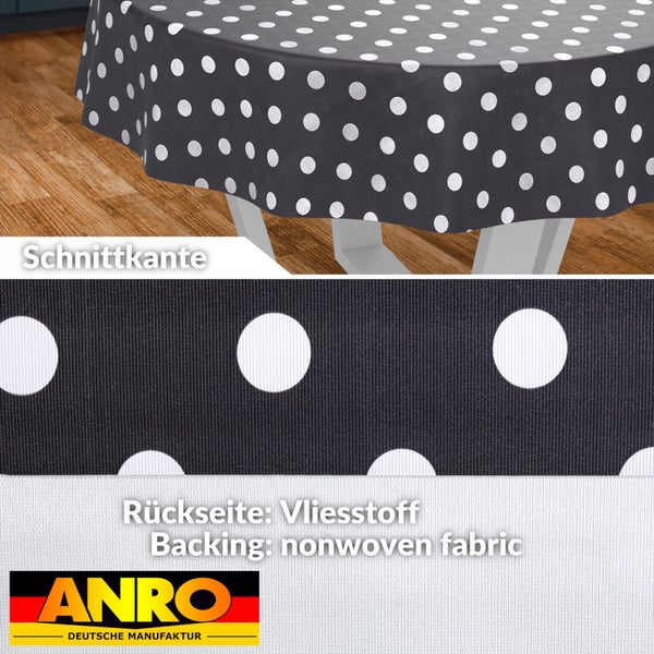 Abwaschbare Tischdecke mit Pünktchenmuster, Schnittkante und Rückseite aus Vliesstoff. ANRO Logo.