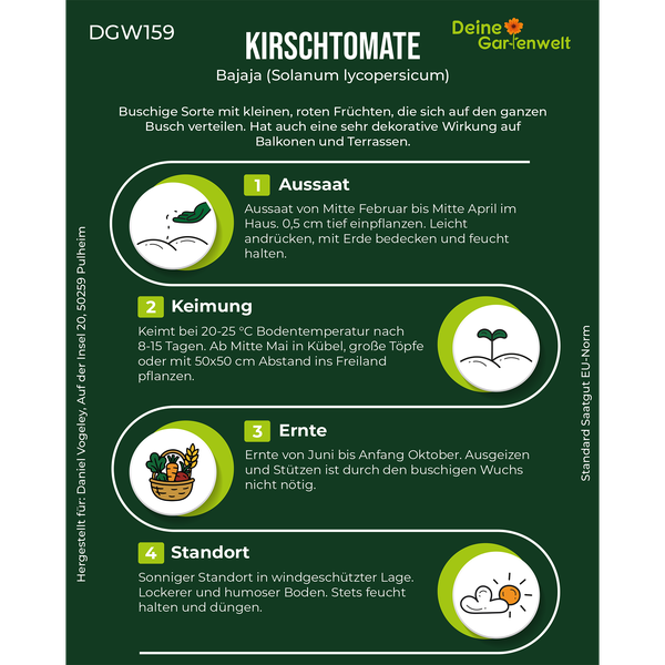 Infografik zur Anzucht der Kirschtomate Bajaja mit Anleitungen zu Aussaat, Keimung, Ernte und Standort sowie Deine Gartenwelt Logo.