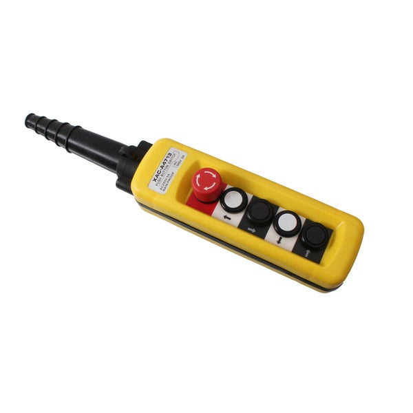 Gelbe Hängetaster-Steuerstation XAC-A4713 mit Not-Aus-Schalter und vier Drucktasten für Kransteuerungen.