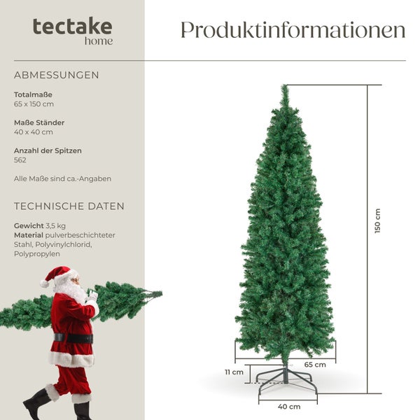Tectake Home künstlicher Weihnachtsbaum 150 Zentimeter mit Ständer und technischen Daten in der Übersicht.