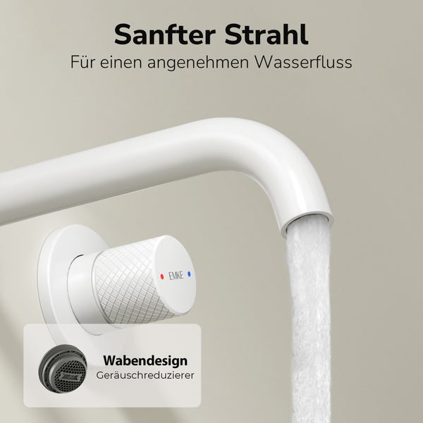Wandarmatur mit sanftem Wasserstrahl und integriertem geräuschreduzierendem Strahlregler im Wabendesign von Emke
