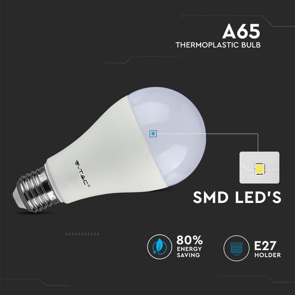 V-TAC A65 LED Leuchtmittel aus Thermoplast mit E27 Sockel, SMD LEDs und 80 Prozent Energieeinsparung.