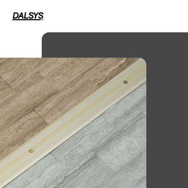 DALSYS Logo. Übergangsprofil aus Metall mit Schrauben zur Verbindung zweier Bodenbeläge in Steinoptik.