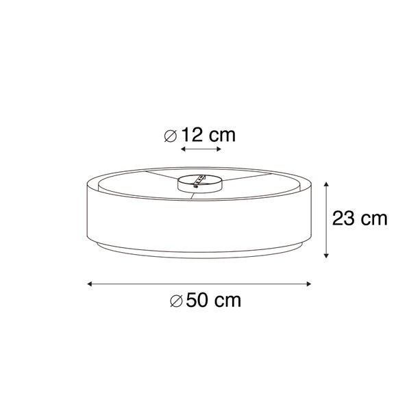 Maßzeichnung einer runden Deckenleuchte mit einem Durchmesser von 50 Zentimetern, einer Höhe von 23 Zentimetern und einer Basis von 12 Zentimetern.