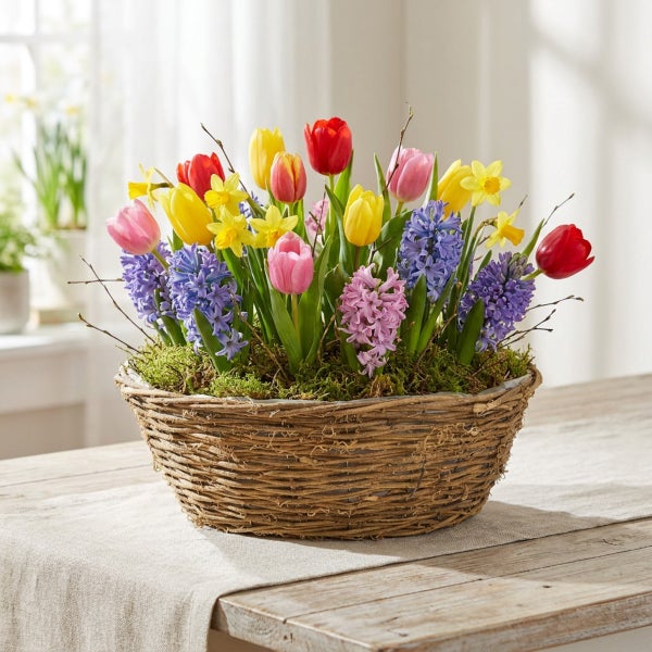 Frühlingsblumenarrangement mit Tulpen, Narzissen und Hyazinthen in einem runden Weidenkorb auf einem Holztisch.