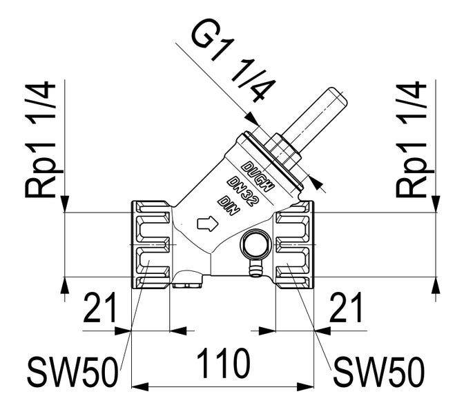 Technische Zeichnung eines Schrägsitzventils mit den Maßangaben Rp 1 1/4 Zoll, G 1 1/4 Zoll, DN32 sowie DIN und DVGW Kennzeichnung.