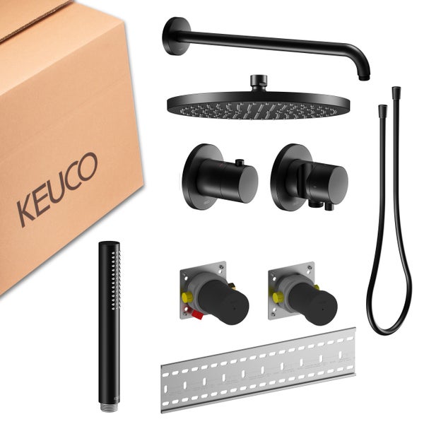 KEUCO Duschset in Schwarz matt mit Regenduschkopf, Handbrause, Unterputz-Armaturen, Einbaukörpern, Montageschiene und Karton mit KEUCO Logo.