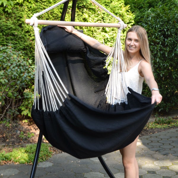 Liege-Hängesessel 220x120cm in Schwarz + Seitenfach und Kissen