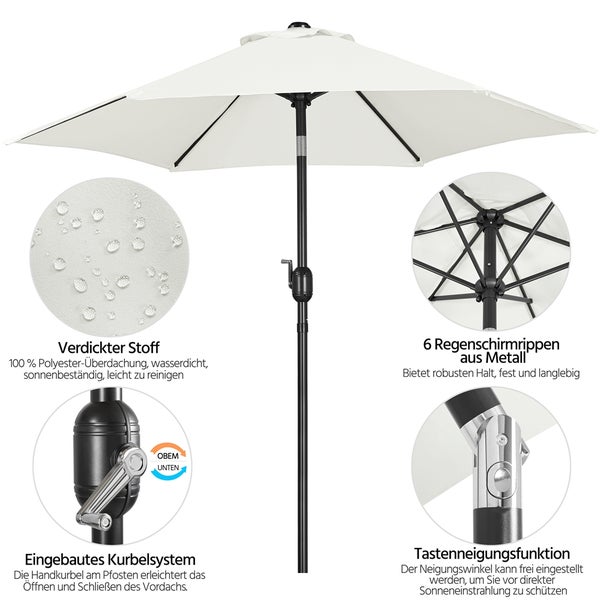 Detailansicht eines Sonnenschirms mit wasserdichtem Polyesterbezug, Metallrippen, Kurbelsystem und Neigungsfunktion.