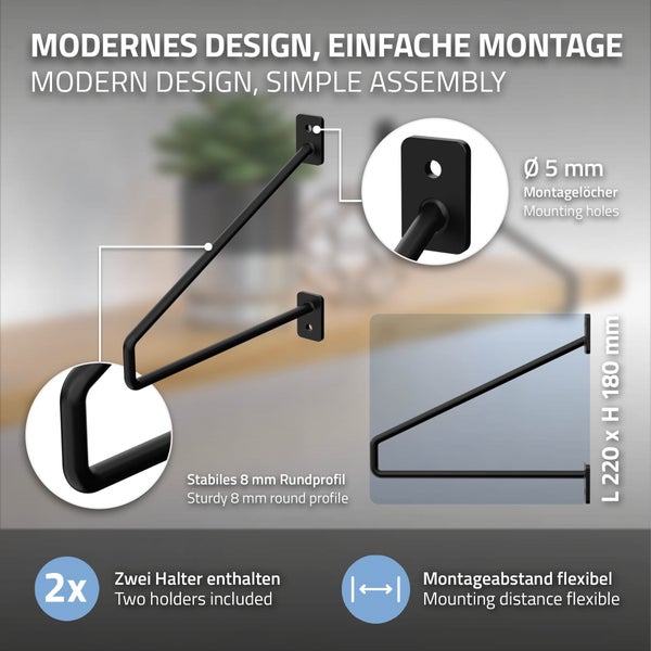 ML-Design 4 Stück Regalhalterung 220 mm, Schwarz, aus Stahl, Haarnadel Regalhalterungen, Schwebe Regalwinkel, Hairpin Wandhalterung, Regalträger für Wandmontage, Industrielle Wandregal, Wandkonsole