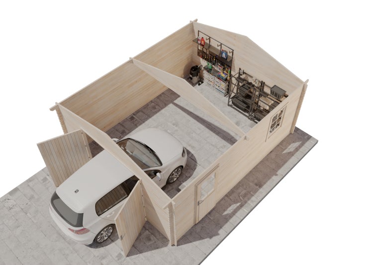 Illustration einer Holzgarage mit Auto und Regalen