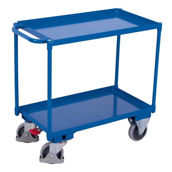 Blauer Montagewagen mit zwei Ablageflächen und Rollen