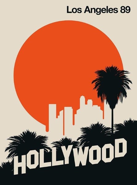 Wandbild Poster mit der Skyline von Los Angeles, Palmen und einer Sonne mit Hollywood-Schriftzug.