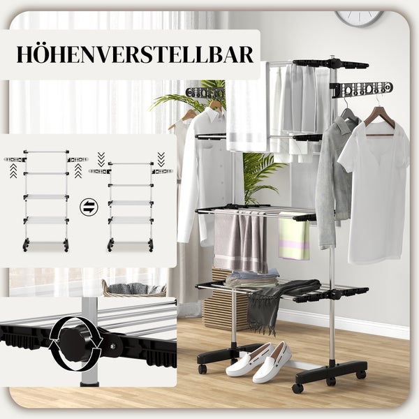 HOMCOM Wäscheständer mit Rollen Wäschetrockner Turm, Standtrockner mit Klappbarem Flügel, Wäscheturm für Indoor, Outdoor, Stahl 142 x 55 x 172 cm, Schwarz