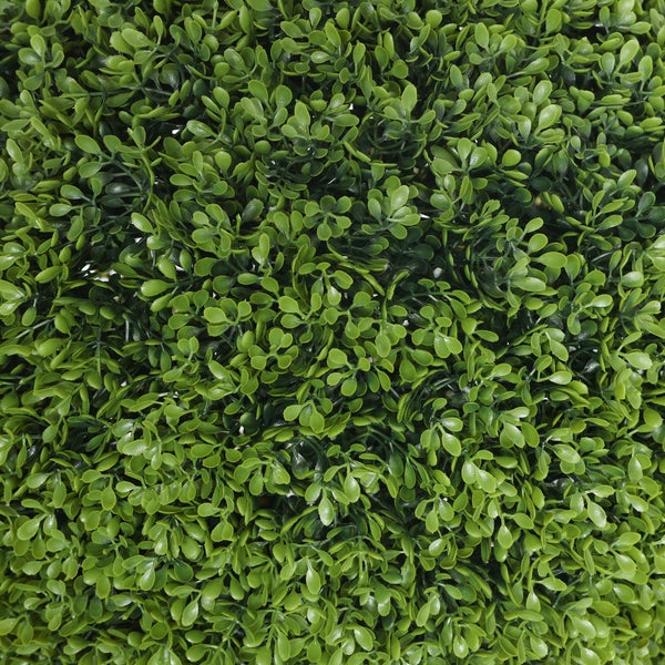 Künstliche grüne Buchsbaummatte mit dichten Kunststoffblättern für Wandbegrünung oder Sichtschutz.