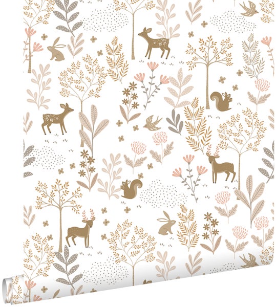 ESTAhome Tapete Wald mit Waldtieren Terrakottarosa und Beige - 53 cm x 10.05 m - 139521