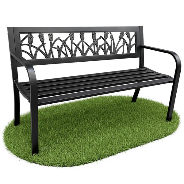Schwarze Gartenbank aus Metall mit Tulpenmuster in der Rückenlehne und Armlehnen.