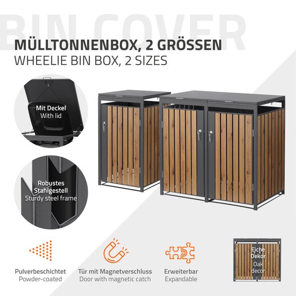 Mülltonnenbox in zwei Größen, Stahlgestell pulverbeschichtet, Holzlatten in Eiche-Dekor, mit Deckel und Tür mit Magnetverschluss.
