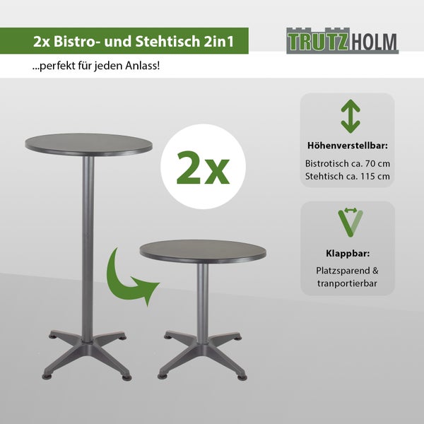 Set aus zwei Trutzholm Bistro und Stehtischen, hoehnverstellbar auf 70 Zentimeter oder 115 Zentimeter, klappbar und platzsparend.