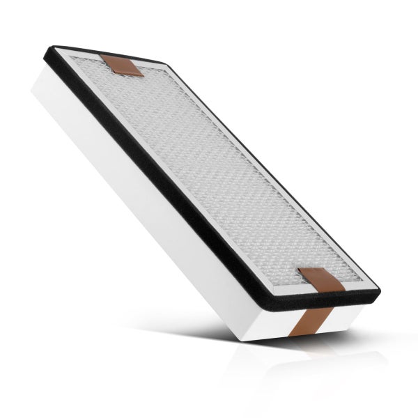 Rechteckiger Luftfilter mit weißem Rahmen, schwarzer Schaumstoffdichtung und braunen Laschen.